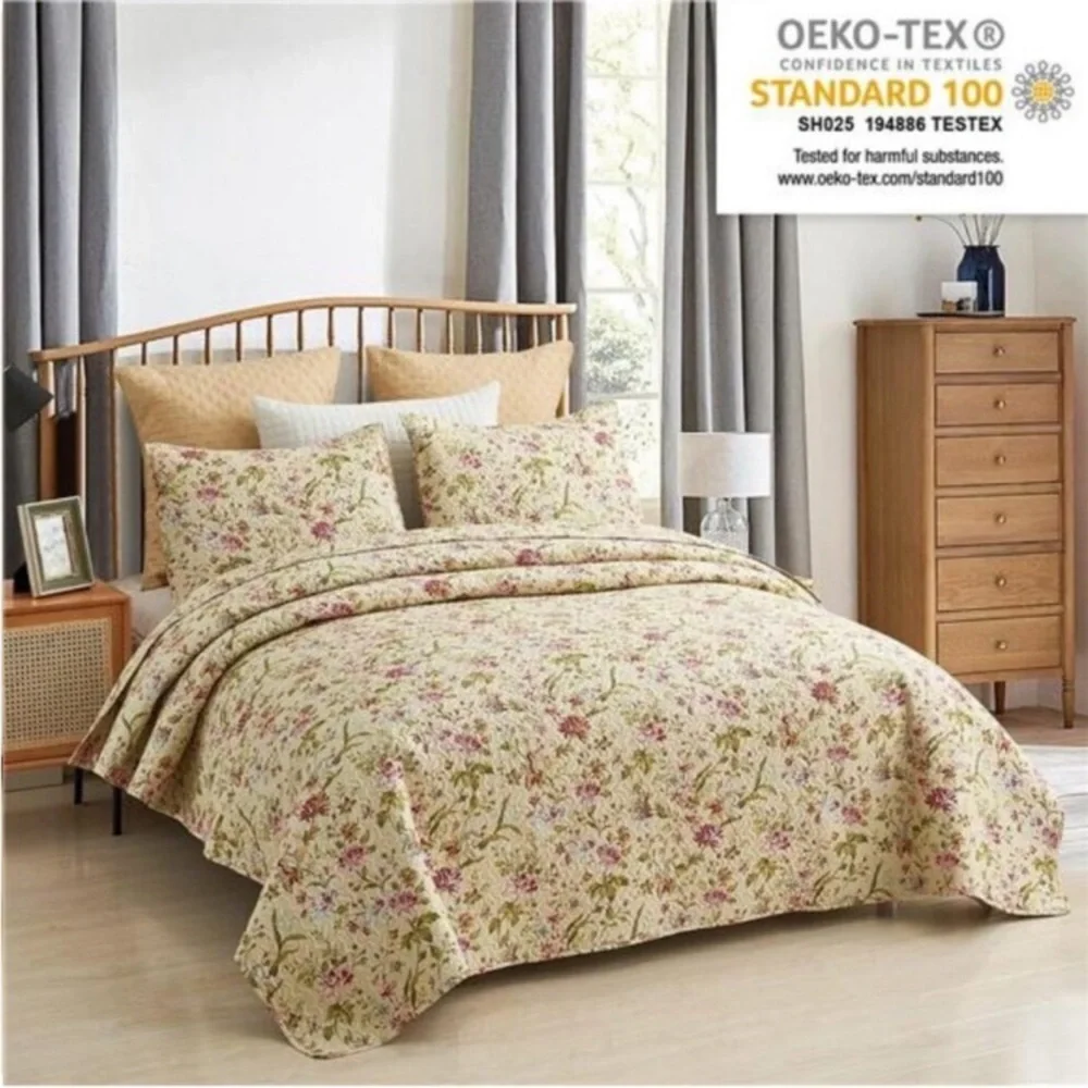 Floral Quilt Set Queen Size, Reversible Cotton Quilt Bedding Set